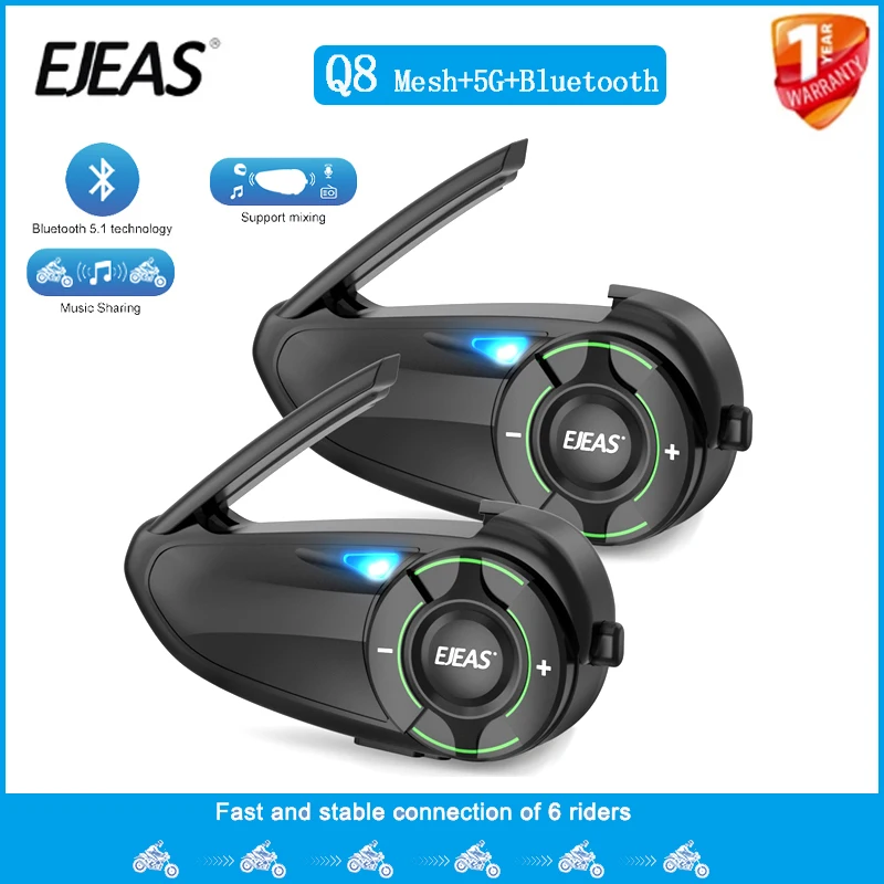 1/2Pcs Updated EJEAS Q8 Mesh+5G Intercom Motorcycle Helmet Bluetooth Headset For 6 Riders Talking Interphone Music Sharing IP67