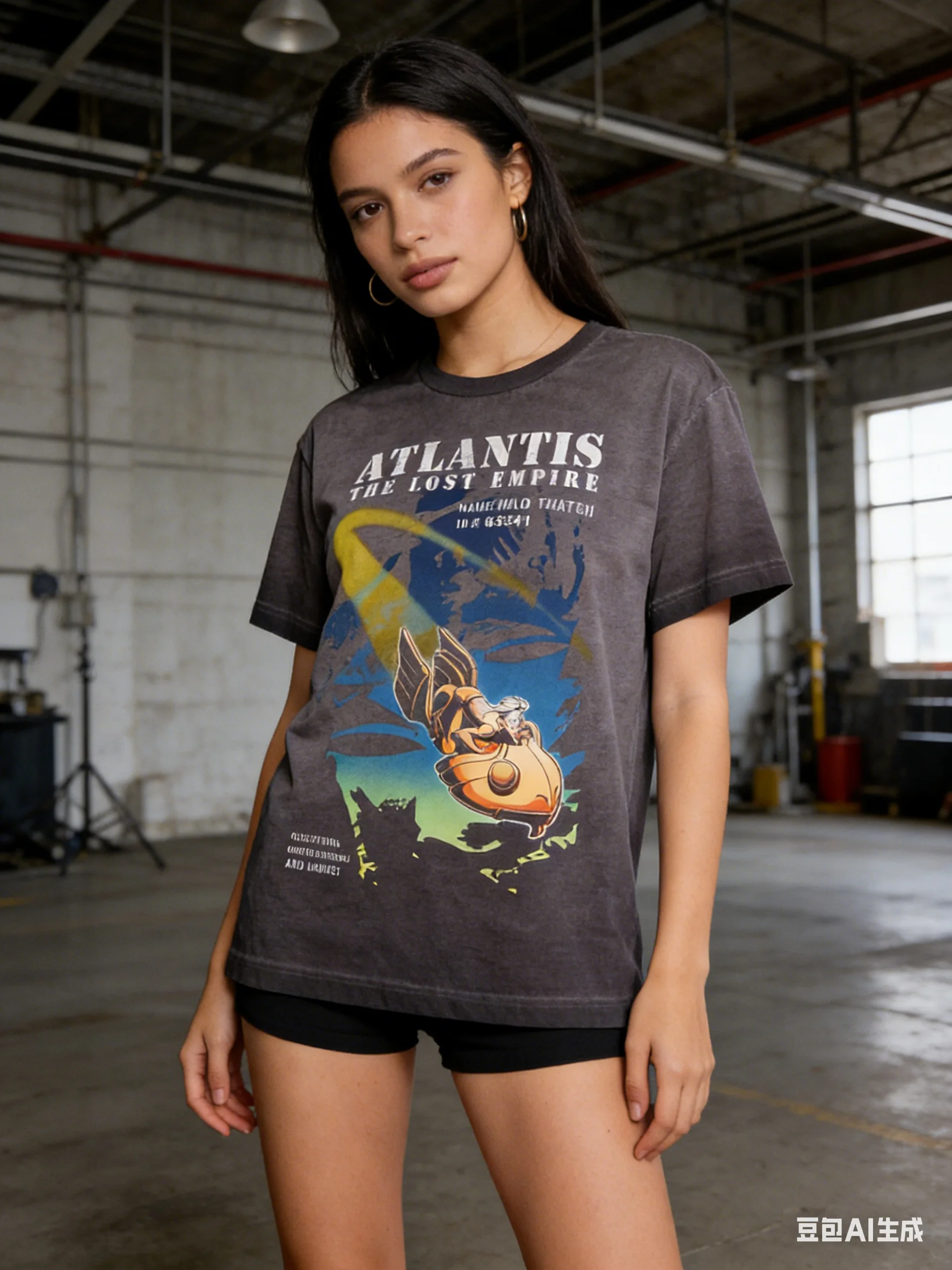 تي شيرت فضفاض عالي الجودة من القطن أتلانتس تي شيرت ميلو ثاتش غواصة صفراء تحلق فوق خريطة المحيط الأزرق والأخضر ملابس رياضية كاجوال