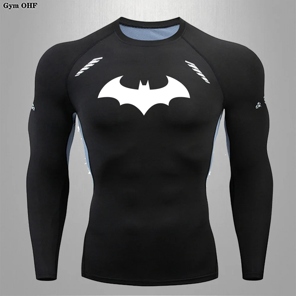 Man Bat Compression Shirt Men\'s Long Sleeve Running T-Shirt Sun Protection Second Skin Breathable Quick Dry Rashgarda Top Sports