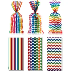 High Quality 100 Pcs Rainbow Cellophane Candy Bags Stripes Heart Printed Goodie Bags Colorful Birthday Party Cookie Gift Bags