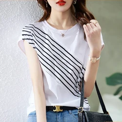 Fashion Printed Spliced Batwing Sleeve Striped Blouse Female Clothing 2023 Summer New Casual Pullovers Loose Korean Shirt