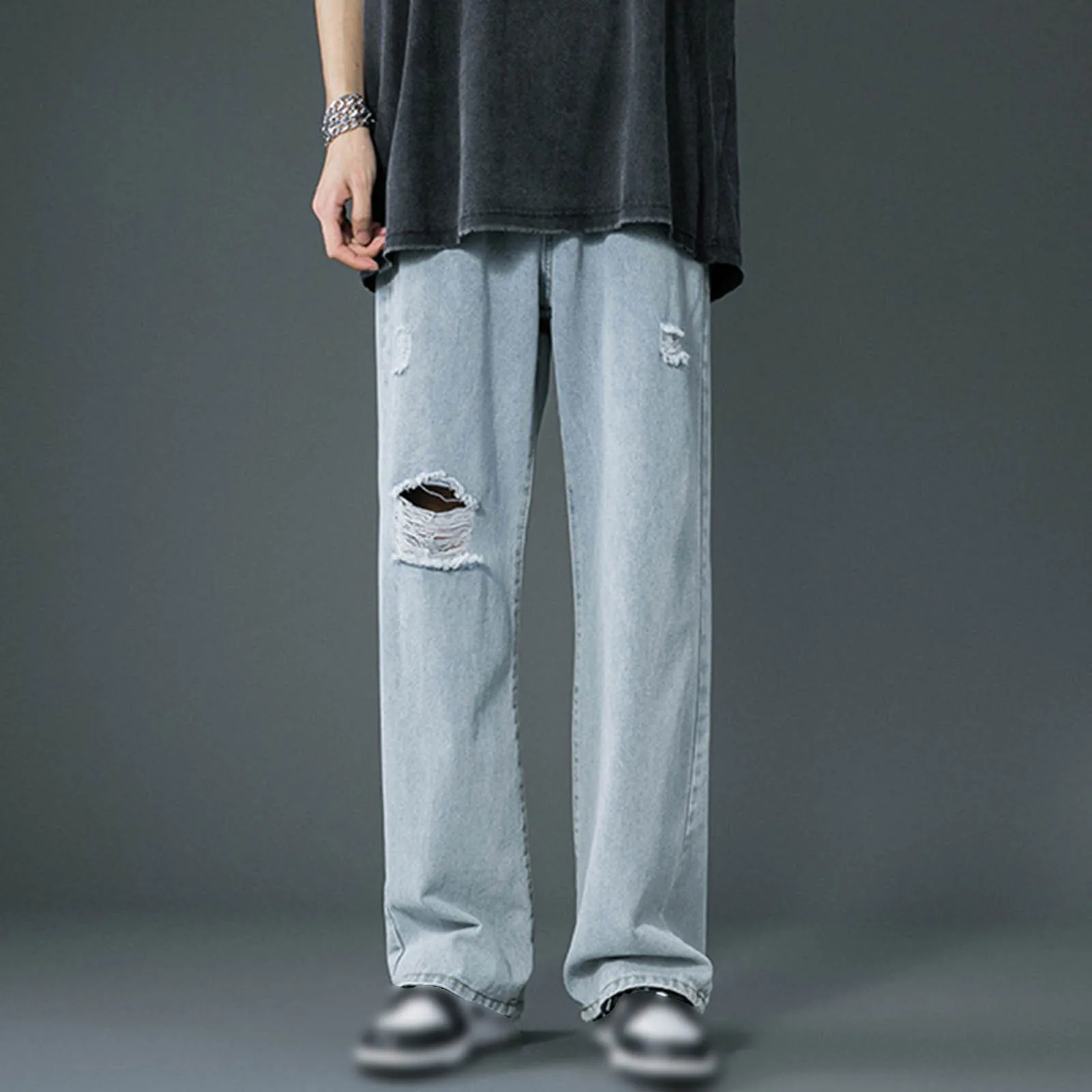 

2025 New Casual Jeans for Men's Ripped Pants Fashion Street Youth Hole Straight Blue Male Baggy Wide Denim Trousers