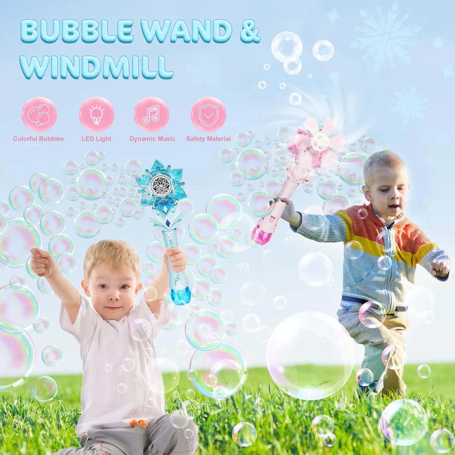 VATOS Bubble Wands X2 für Kinder, automatisches Schneeflocken-Blasengebläse, Licht- und Musik-Blasenmaschine mit 2 Windmühlen, Outdoor-Spielzeug, Mädchen und Jungen