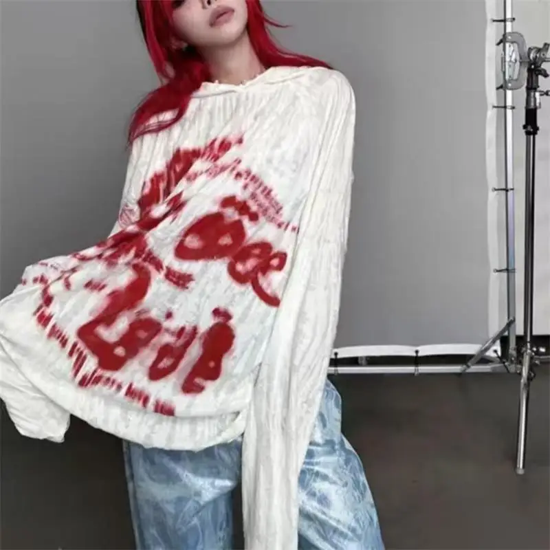 Autumn Fashion Gothic Clothing Grunge Top Y2K Dark Punk Hole Chic Designed Hoodies Women Print Loose Streetwear Hoodie Oversized