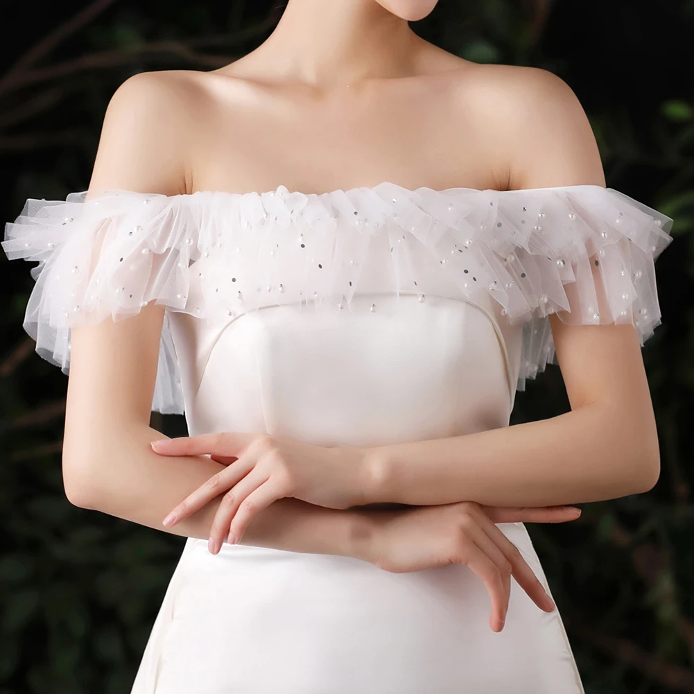 Ladies Tulle Capelet with Embroidered Lace Neckline Detail for Strapless Wedding Dresses and Summer Formal Outfit Layering