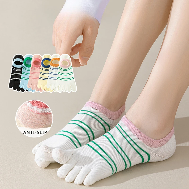 6 Pairs Five Finger Socks Women Striped No Show Slipper Toe Socks Invisible Non Slip Ankle Socks with Separate Fingers