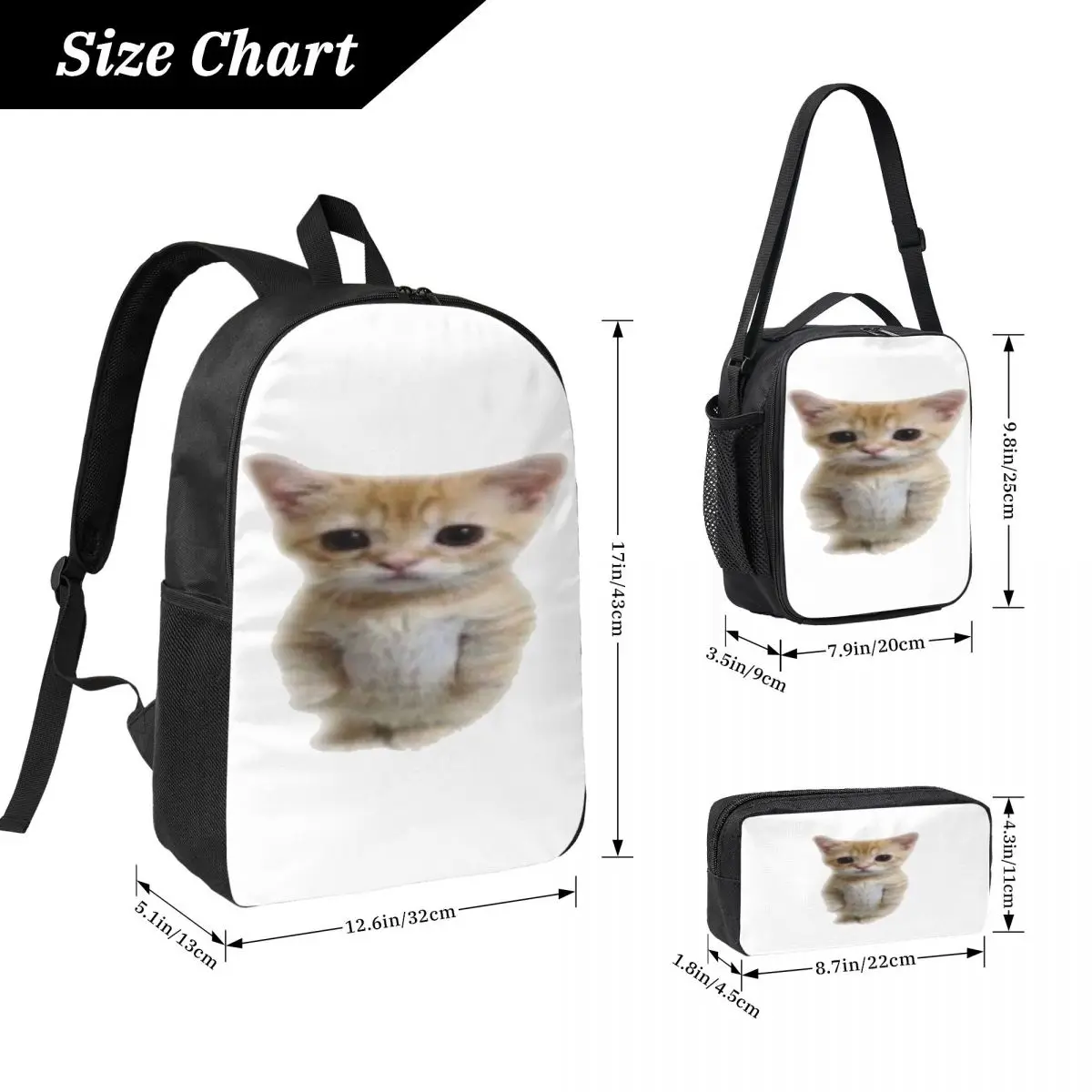 El Gato Standing Cat Meme Backpack Student Boys Girls BookBag School Bag Shoulder Bags 3ps Insulated Lunch Bag Pencil Case
