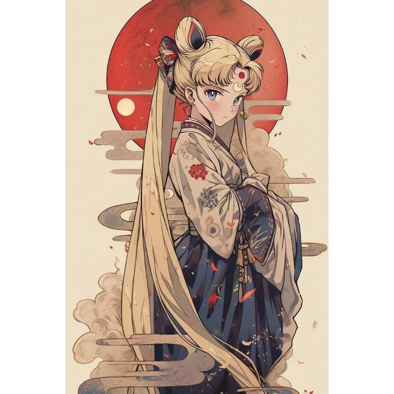 Sailor Moon Japanese Ukiyo-e Style Diamond Painting, Traditional Kimono with Red Sun and Clouds, for Wall Decor & Gift