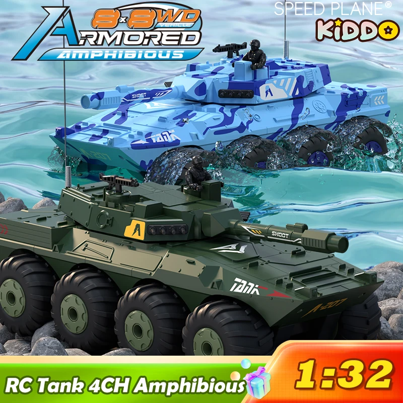 1/32 RC Carro Armato 4CH 2.4G Auto telecomandata Veicoli anfibi Radiocontrollato Cingolato elettronico Carro armato militare Giocattoli per ragazzi