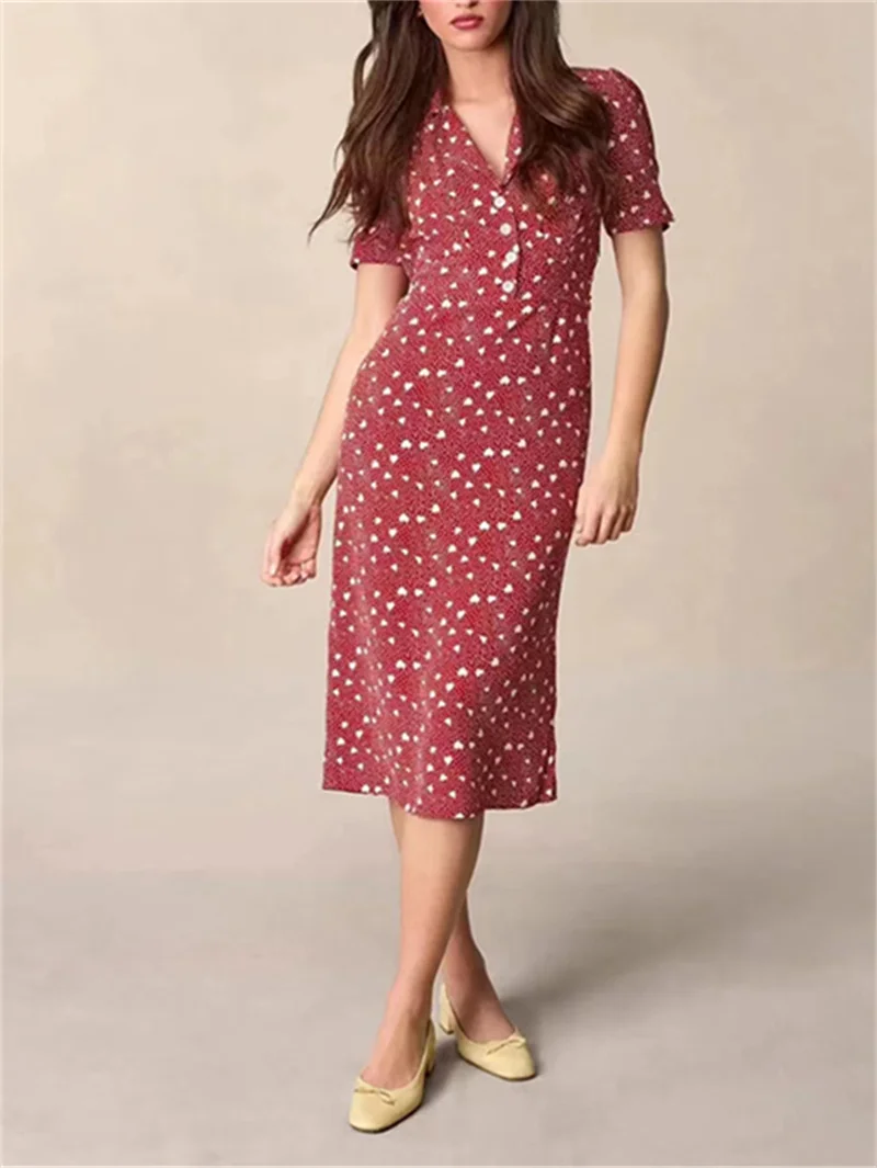 

Lady Slim Temperament Dress Suit Collar or Square Neck Short Sleeve Dress Fashion Retro Print Women Mid-Length Robe with Sashes