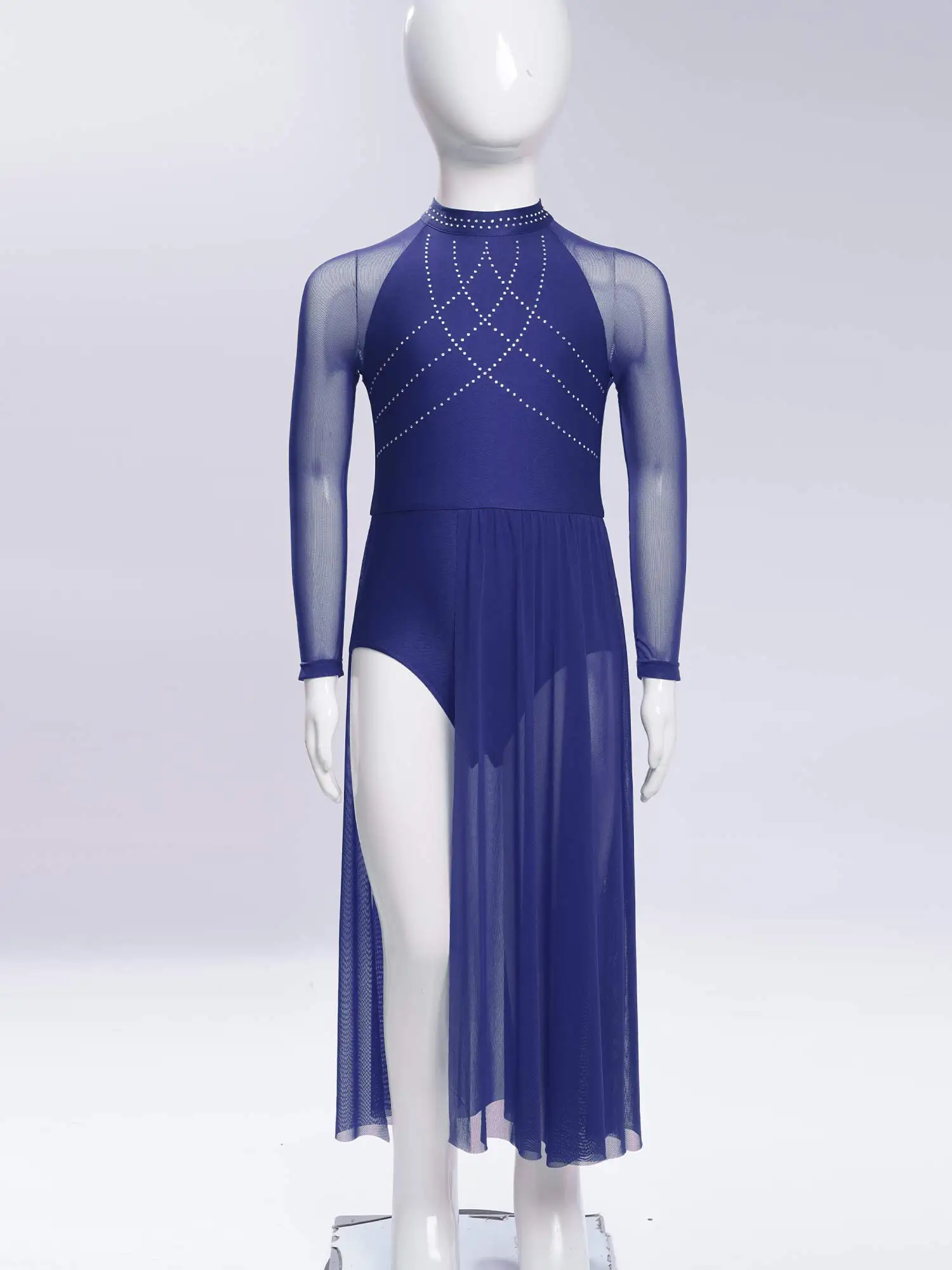 

Kids Girls Lyrical Modern Dance Dress Sparkling Rhinestone Mesh Leotard with Keyhole Back And Flowy Skirt for Ballet Performance