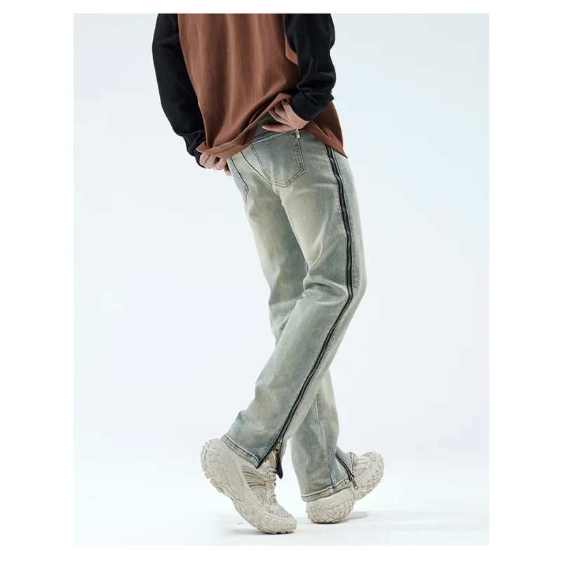 American high street side zipper yellow mud dye straight jeans men and women with the same casual loose washed old drag pants