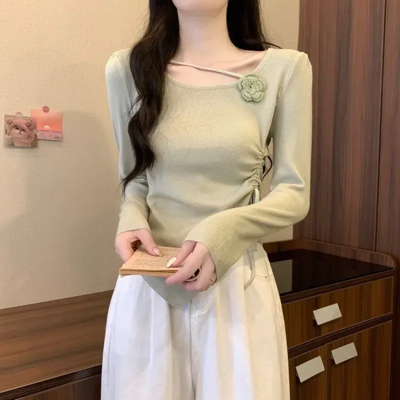 

Women Early Autumn New Style Irregular Hem Pullover Top Slimming Short Knitwear with Drawstring round Neck Long Sleeve