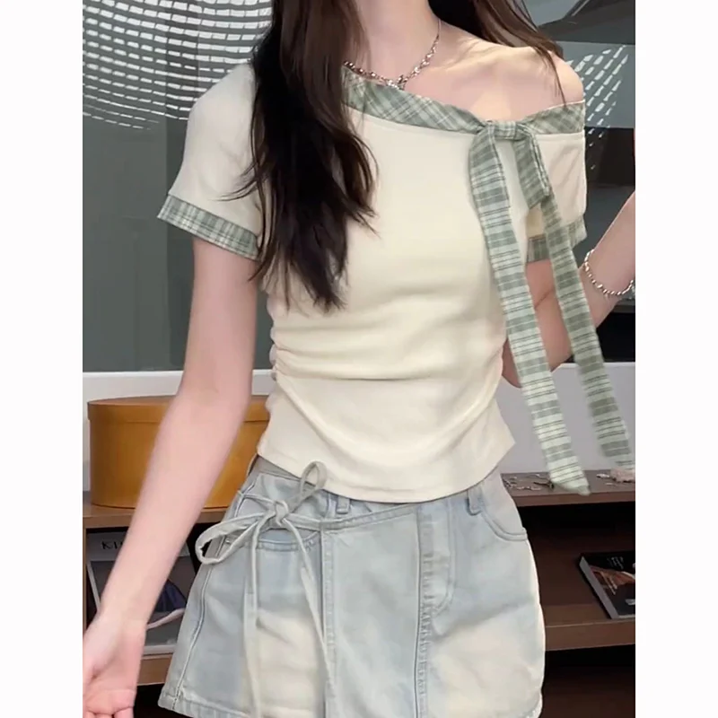 Sommer-T-Shirts für Mädchen, süße gestreifte Designer-T-Shirts für Damen, Retro-Karo-Tops mit Schleifen, schulterfreie Freizeitkleidung für Mädchen