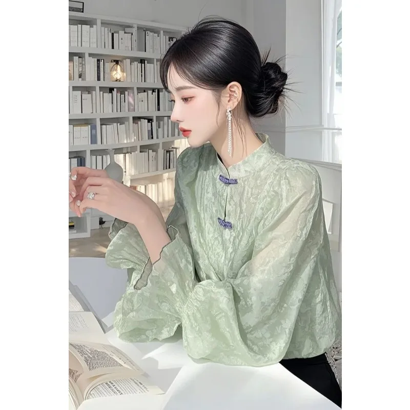New Chinese Chiffon Shirt for Women 2025 Autumn New Design Stand-up Collar Long-sleeved Versatile Elegant Retro Top