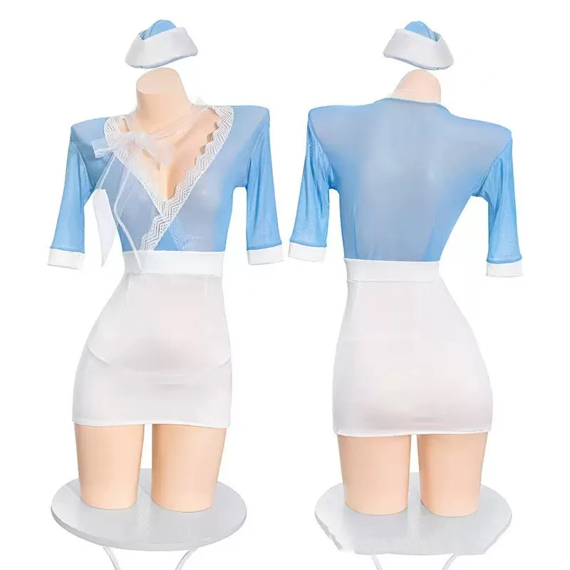 

Sexy Women Flight Attendant Uniform Lolita Lingerie Set Nightclub Costume For Rave Theme Party Role Play Lace See Through Dress