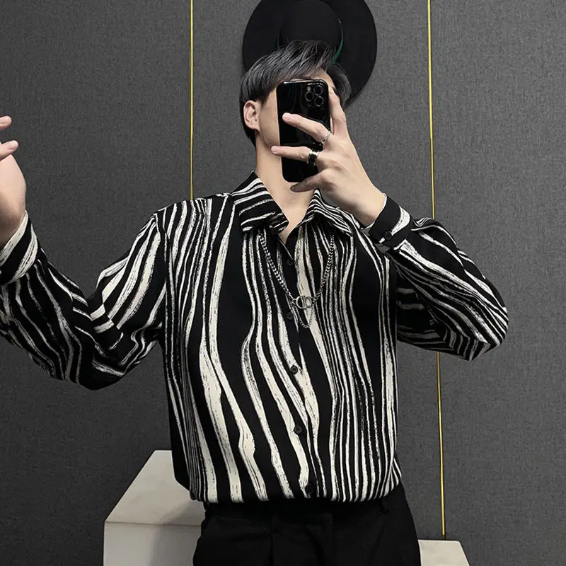 

New Color Block Zebra Print Shirt Men Loose Casual Long Sleeve