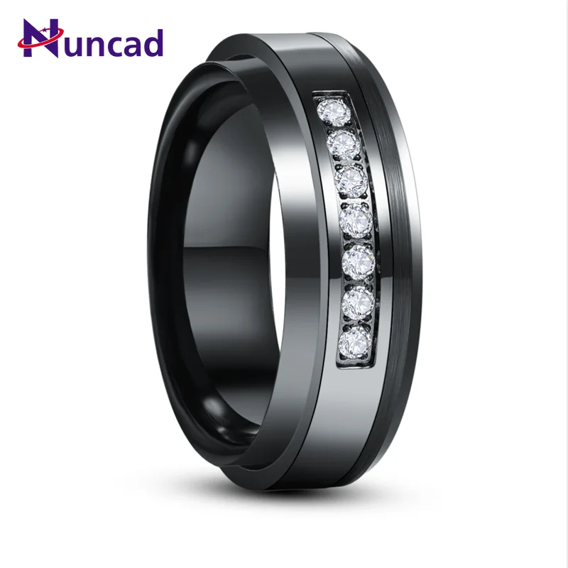 

NUNCAD 8mm Tungsten Carbide Ring Inlaid Zircon Lassa Middle Polished Black Ring Men's Fashion Wedding Jewelry Best Gift