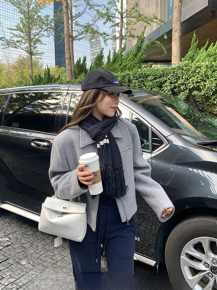 

Xzichic ort Woolen Coat Simple Casual Autumn Winter Women's Faionable Lapel Jaet Korean Sle Straight Cut Long Sve