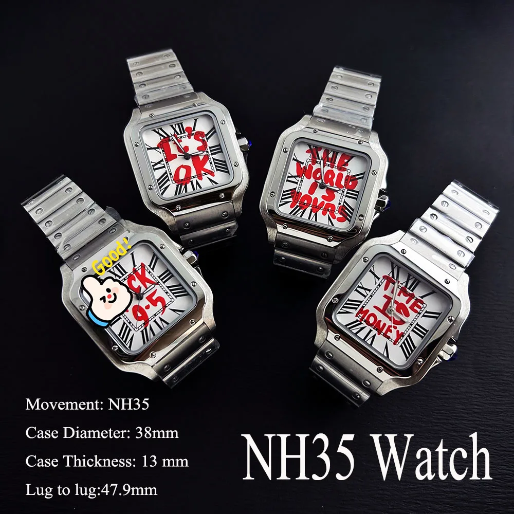 

Men's watch NH35 watch 9.5 dial square dial stainless steel folding buckle, suitable for NH35 movement watch accessories