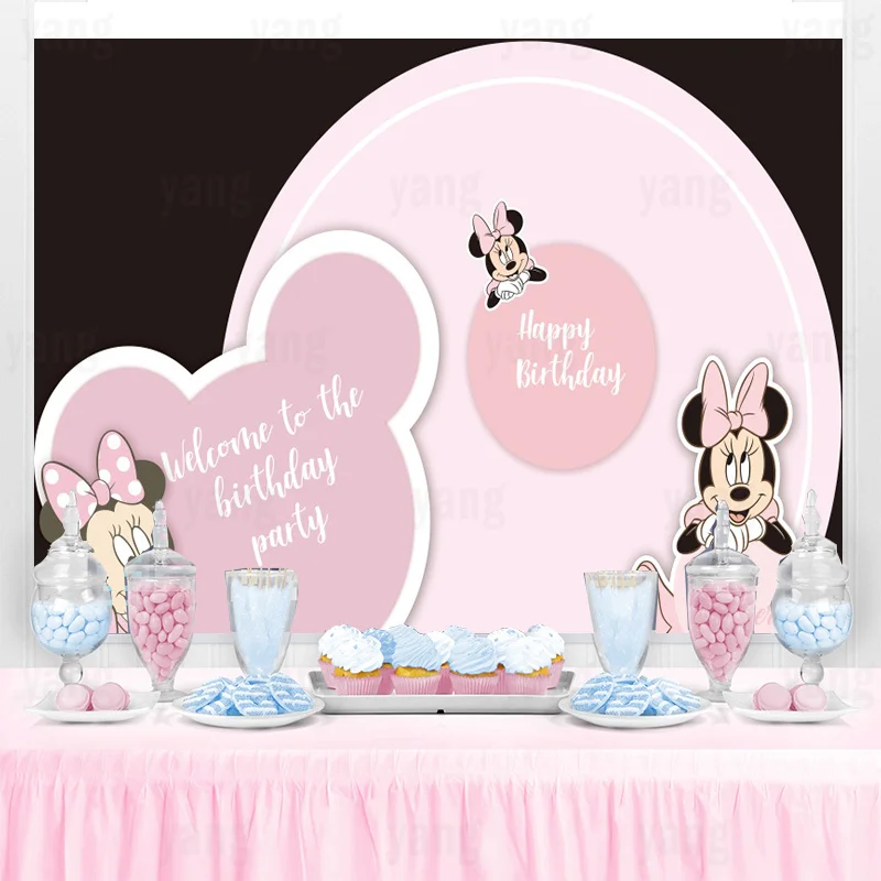 Disney Minnie Mouse Backdrop Party Supplies Pink Circle Photography Backdrop Birthday Background Girls Boys Decoration