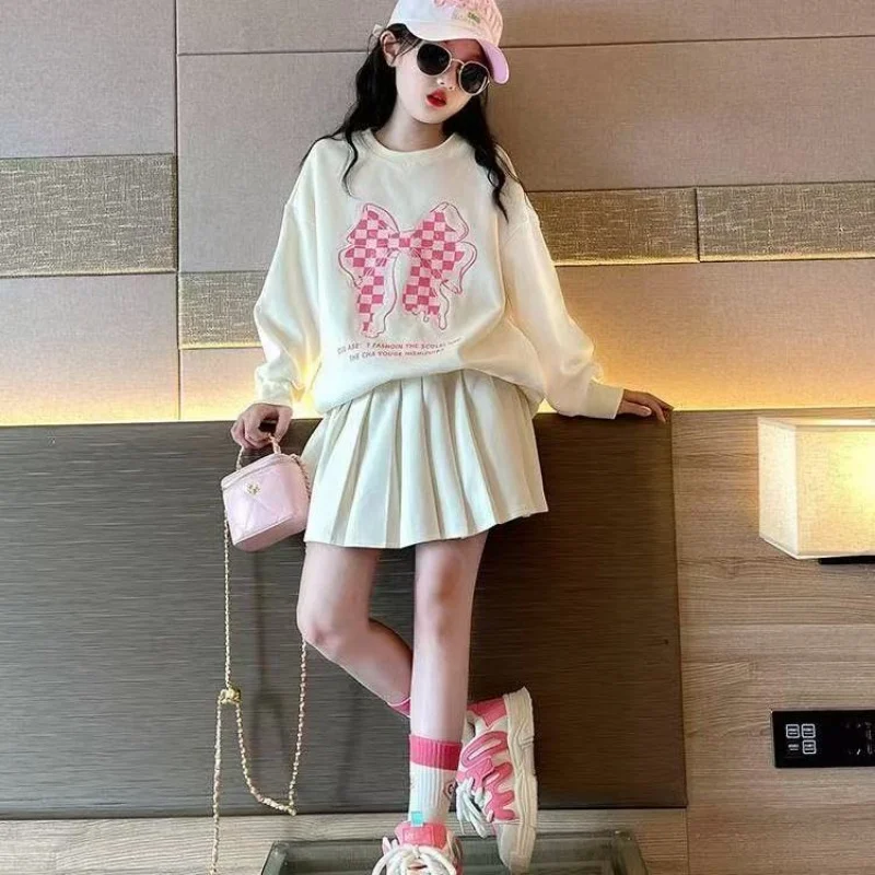 

Girls Autumn White Sailor Plaid Bow Sweatshirt Sweater Top T-Shirt + skirt Teenager Children Clothes Set Kids Outfits 4-14 Year