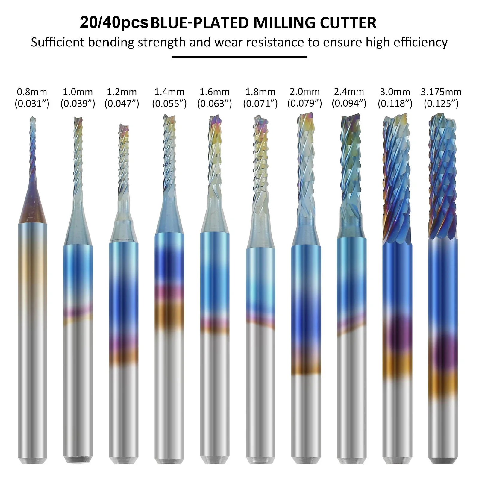 

20/40Pcs End Mill Bits Set 0.8-3.175MM fit PCB/ SMT/ CNC Router Bit For Wood Metal Steel Milling Plastic Mould Circuit Board