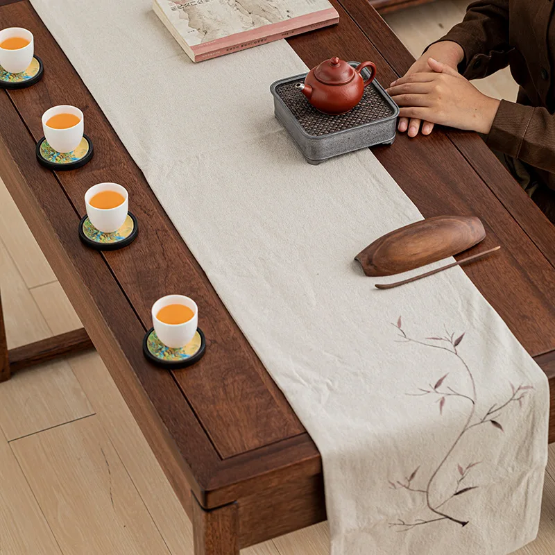 Chinese Zen-Inspired Hand-Painted Linen Cotton Tea Mat Vintage Rectangular Table Runners & Tablecloths for Living Room