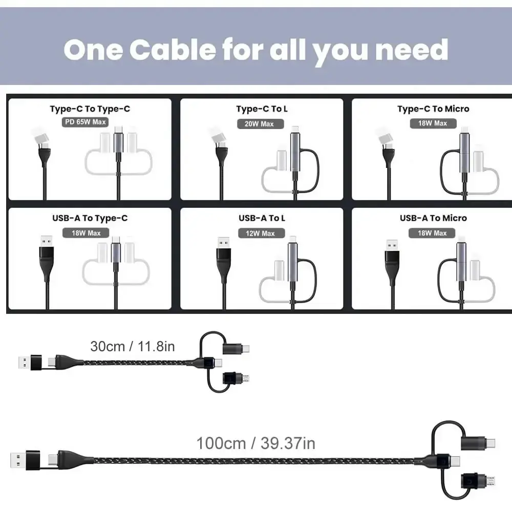 كابل شحن متعدد 4 5 في 1 PD 60 وات شحن سريع محمول USB C سلك شحن ومزامنة البيانات مع منافذ USB/Micro/Lightning من النوع C/Micro