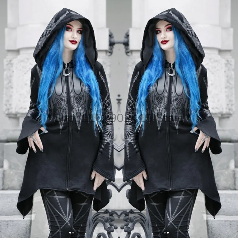 2023 New Women Spring Autumn Gothic Hoodie Black Steampunk Printed Long Flare Sleeve Coat Sweatshirts For Female Streetwear