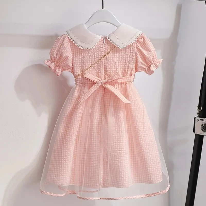 Summer Girls Short Sleeve Dress Cute Doll Collar A-line Dresses Loose Kids Plaid Print Vestidos Sweet Princess Pink Vestido