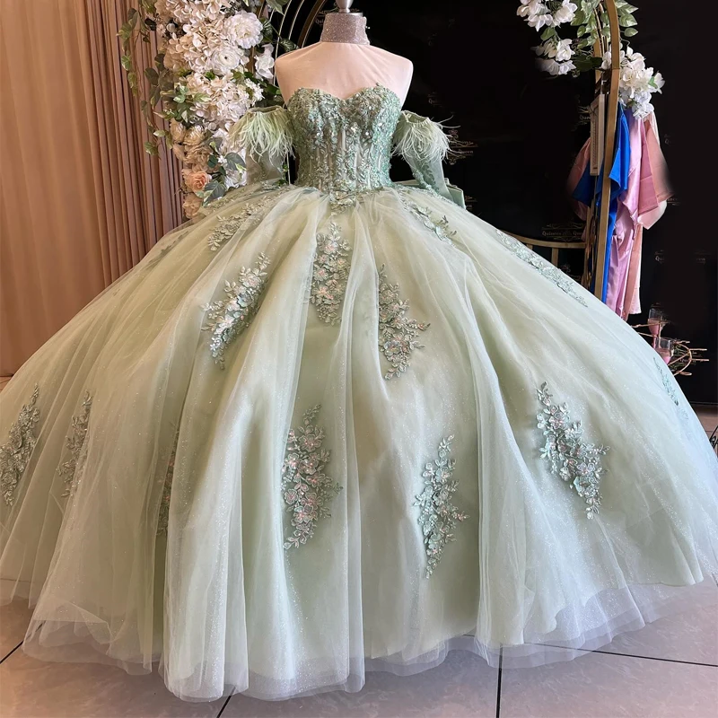 

Glitter Sage Green Quinceanera Dress Ball Gown Lace Applique Beaded Tull With Bow Corset Sweet 16 Vestido De 15 Anos