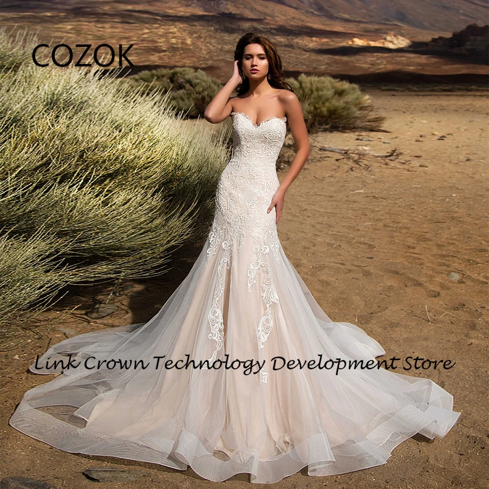 

COZOK Mermaid Wedding Dresses for Women 2024 Summer Court Train Sleeveless Lace Bridal Gowns A Line Lace Up Back Vestidos De