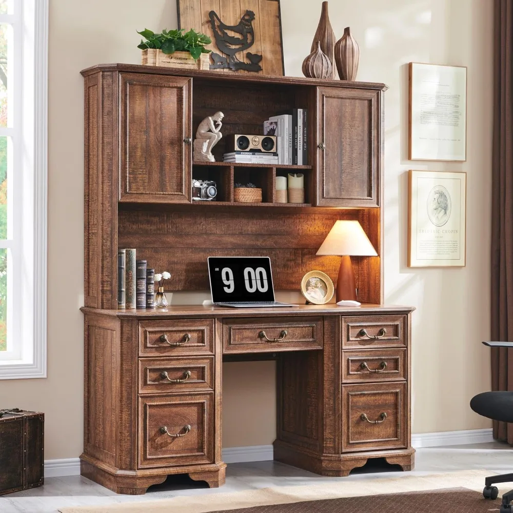 

59" Farmhouse Executive Desk with Hutch,Wood Home Office Computer Desk, Featuring Keyboard Tray,Charging Station,File Drawer, S