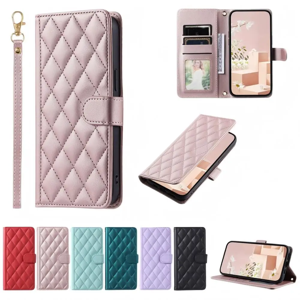 Flip Leather Grid Phone Case For Samsung Galaxy S23 Ultra S23 FE S24 Plus Card Slot Protective Shell Shockproof Back Cover