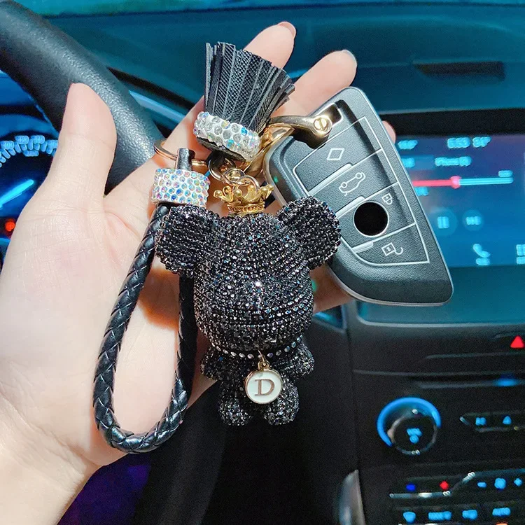 Car Studded Bear Key Chain Car Key Pendant Ladies Diamond Leather Rope Pendant Fashion Bag Pendant Online Celebrity Gift