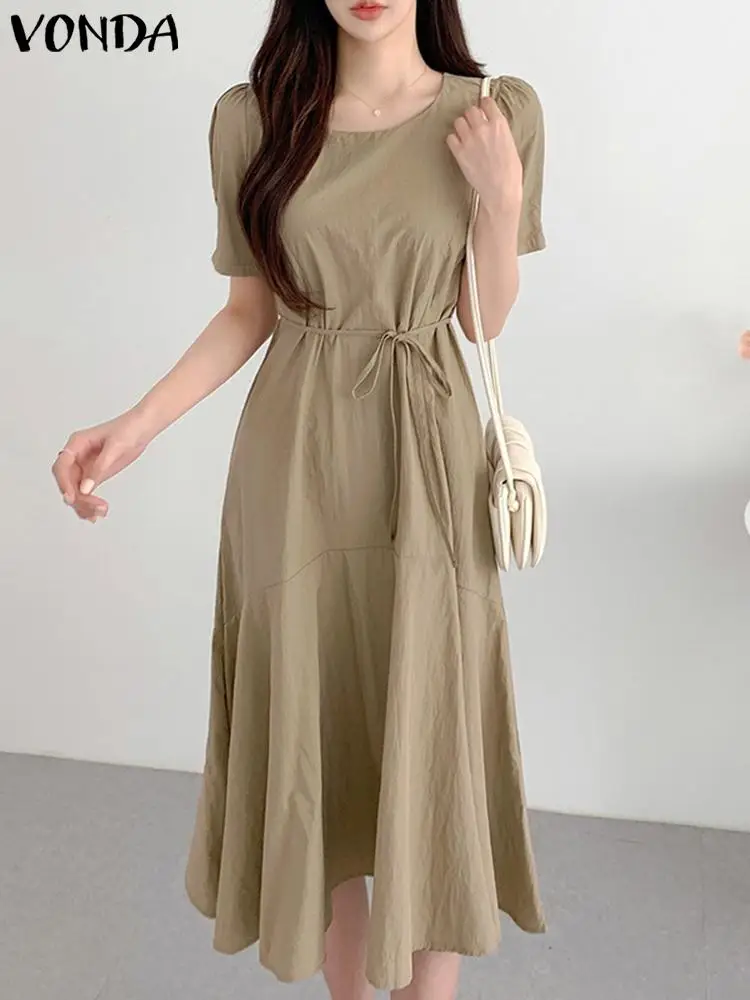 

Fashion OL Dress Women Summer Short Sleeve Elegant Ruffled Midi Sundress 2023 VONDA Casual Belted Solid Color Streetwear Vestido