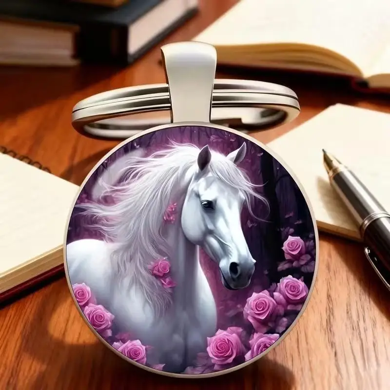 2026 Pferdejahr Design Kuppelglas Legierung Schlüsselanhänger Tierkreiszeichen Pony Muster Anhänger Rucksack Deko Auto Schlüsselring Neujahrsgeschenk