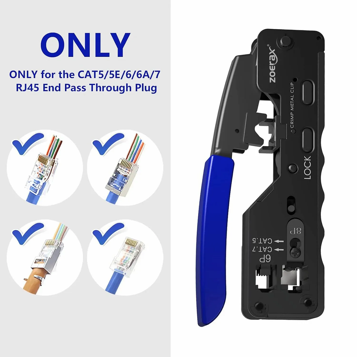 ZoeRax RJ45 Crimping Tool Pass Through, Ethernet Wire Cutter Crimper for Cat7 Cat6A Cat6 Cat5E Cat5 Connectors