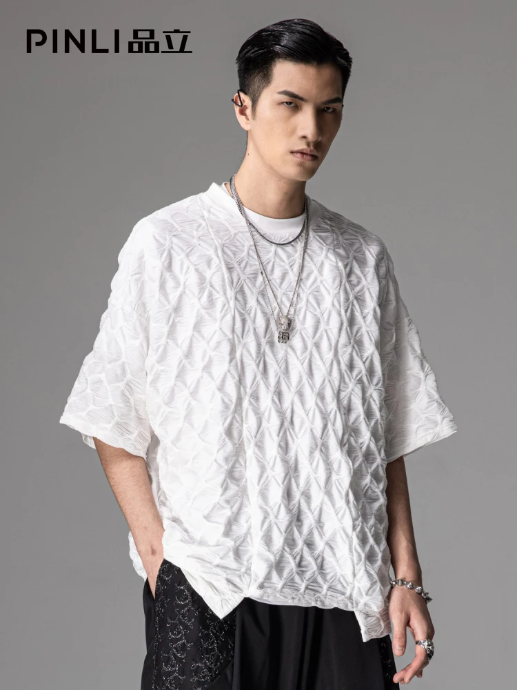 Free shipping New Men's Male Loose dark texture jacquard round neck drop shoulder half-sleeve casual short-sleeve BC211111108