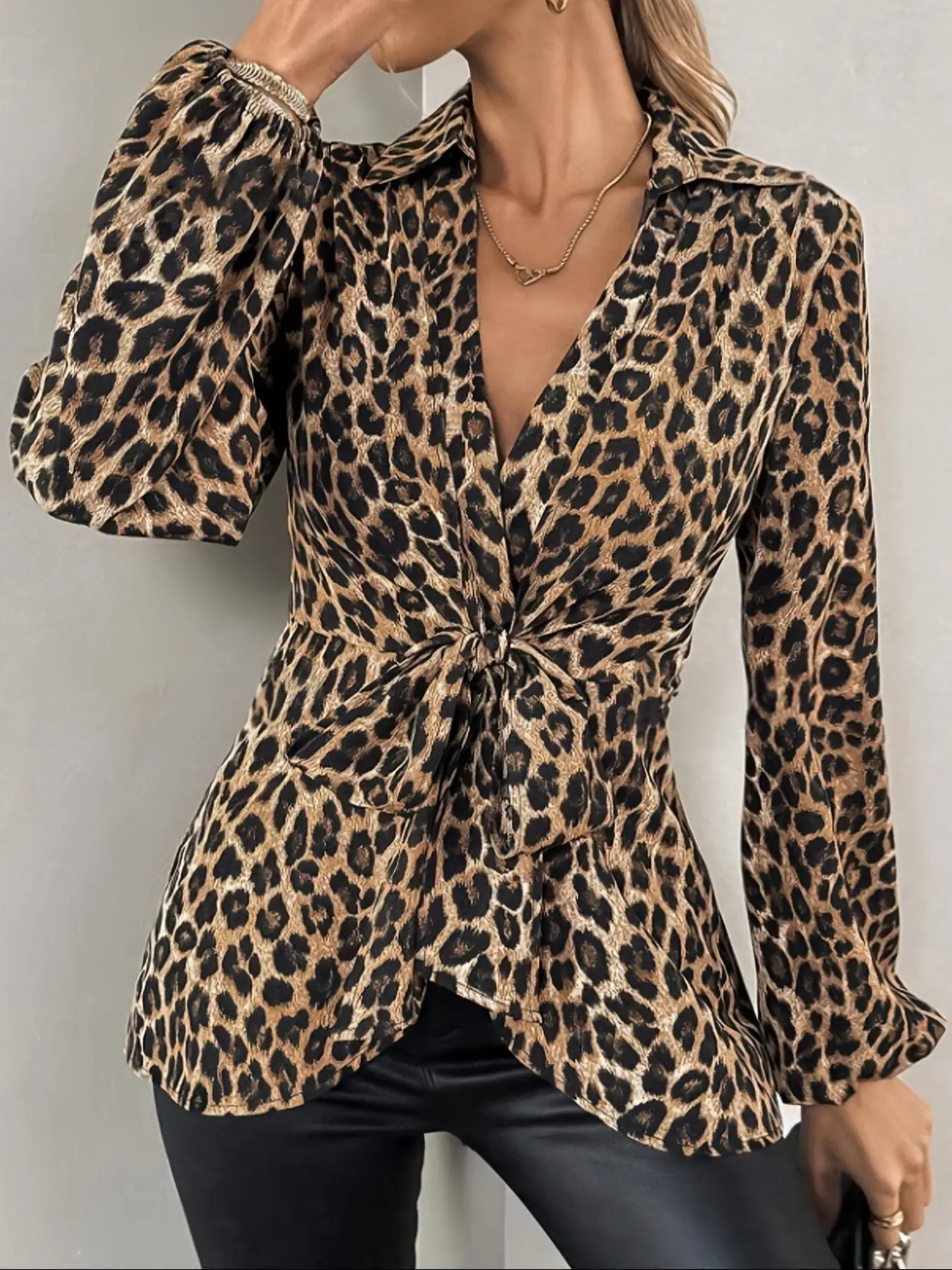 Women's Leopard Print Tie Front Blouse, Contemporary V Neck Long Sleeve Top for Daily Wear, Ladies Clothes for Fall & Winter