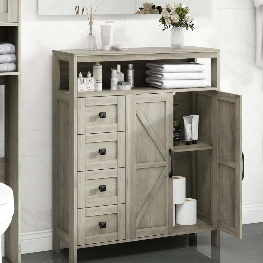 

Farmhouse Storage Cabinet - 2 Doors & 4 Drawers, Freestanding Storage Hutch for Kitchen/Bathroom/Living Room