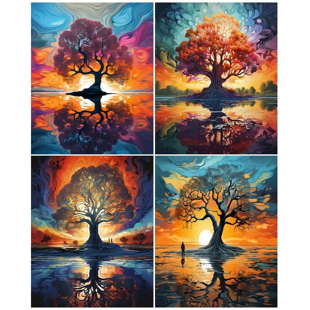 

GATYZTORY Oil Painting By Numbers Paint Kit On Canvas Sunset Tree Scenery Number Painting Wall Art Picture On Number For Adults