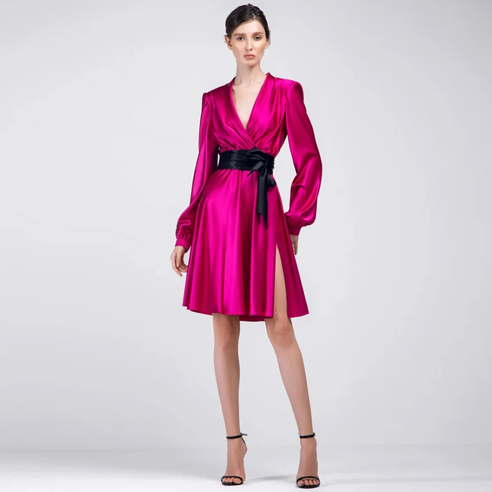 

Modern V-Neck Satin Evening Dress Classic Long Sleeves Party Dresses Fashion Sashes Customized Special Occasion Gowns