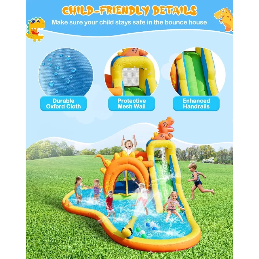 Parco gonfiabile per diapositive d'acqua con dinosauro Casa di rimbalzo 7 in 1 con zona di salto per diapositive Parete da arrampicata su piscina e canestro da basket 480