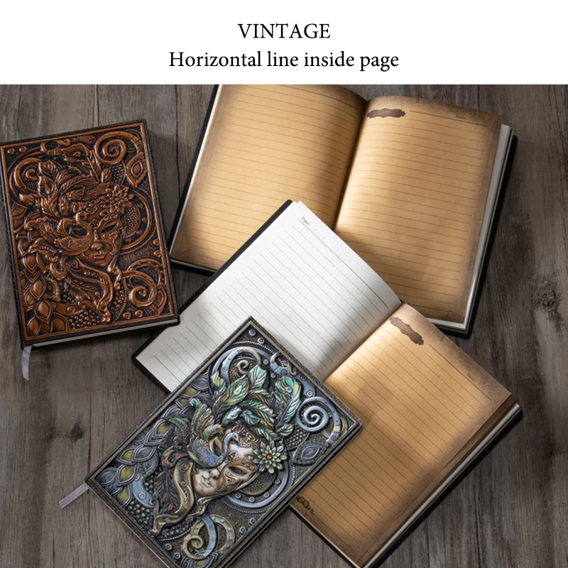 Imagem -03 - Vintage em Relevo Masquerade a5 Hardcover Notebook pu Capa 100 Folhas por Livro Página Linha Horizontal Escritório Diário de Aprendizagem Qp81