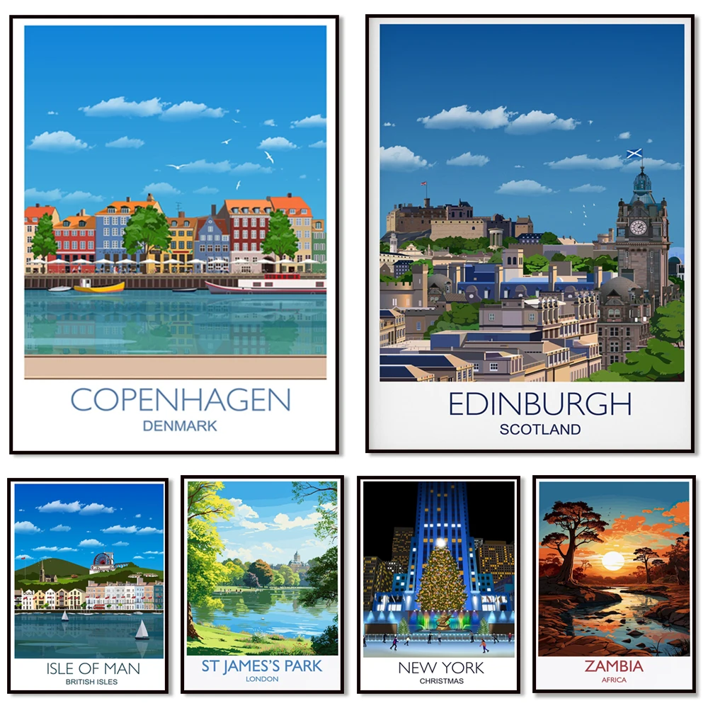 Sirmione, Lake Garda, Zambia, Chatsworth, Copenhagen, Edinburgh, New York Christmas, Isle of Man, St James's Park travel posters