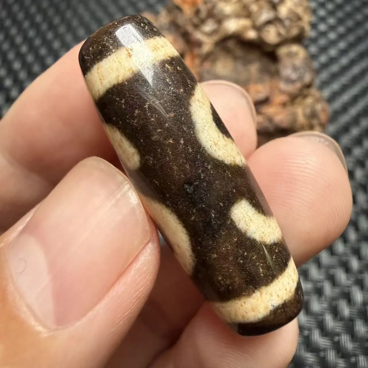 Rare Tibetan Old Agate DZi *Money Inscription* Bead Amulet Pendant 38x13mm