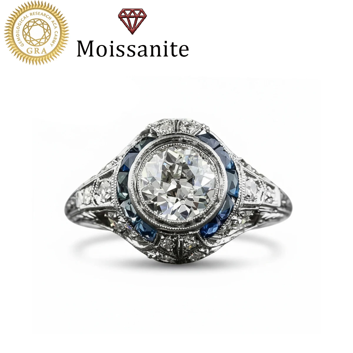 

1 Piece Women's Wedding Ring, Blue-Edged Round Ring for Women, 5.4g S925 Sterling Silver, 2 Carat Moissanite, Bohemian, Palace Style, Engagement, Proposal, Wedding Anniversary, Valentine's Day Gift, Comes with Moissanite Certificate and Exquisite Gift Box