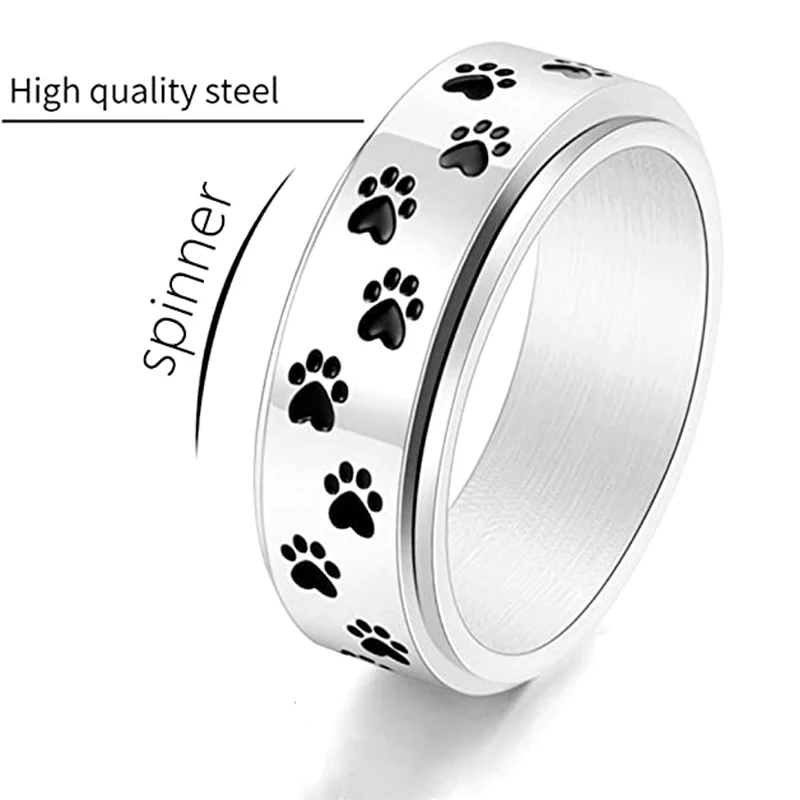 Fashion Jewelry Stainless Steel Colorful Dog Footprint Titanium Steel Ring Stainless Steel Rotate Spinner Dog Cat Paw Style Ring